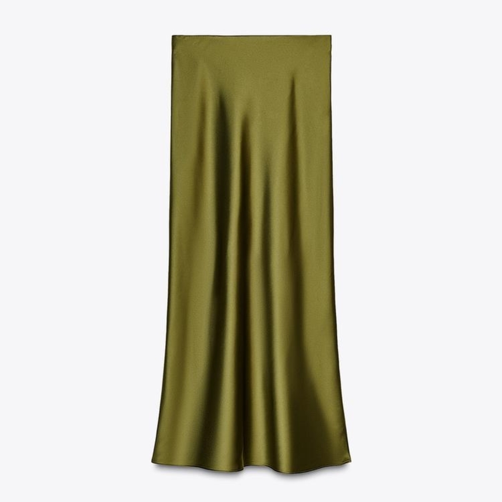 Elegant Olive Green Satin Skirt